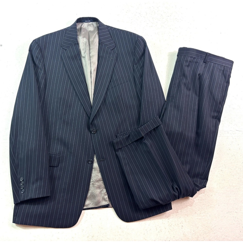 Hart Schaffner Marx 44L 40x30 Navy Blue Chalk Stripe 2pc Pant Suit USA Pleated
